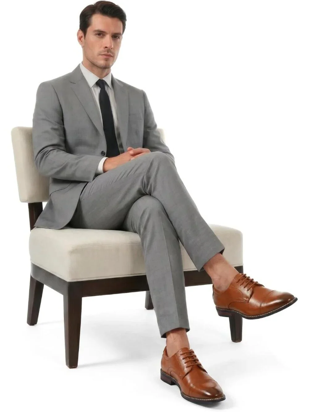 Men Yellow Brown Leather Wingtip Cap Toe Durable Sole Derby Oxford Dress Shoes